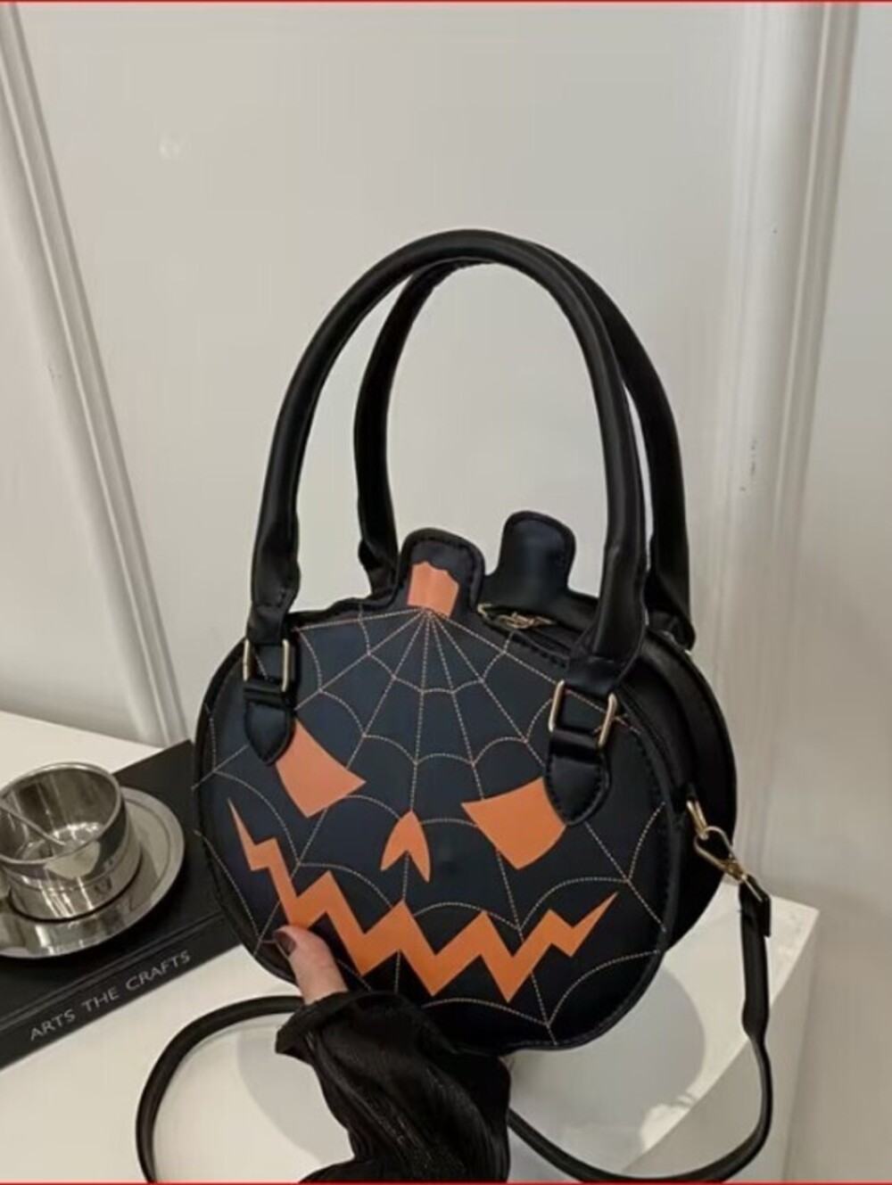 Halloween Pumpkin Face Black Handbag with Spider Web Stitching nwot